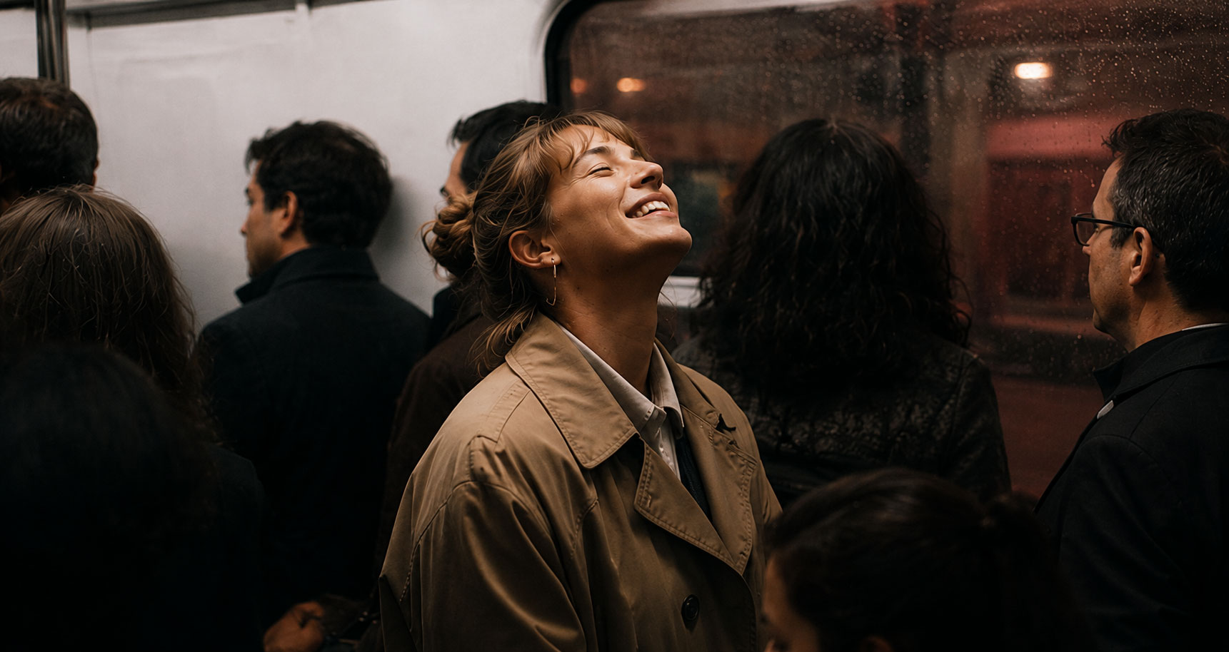 Smiling woman enjoying a mindful moment on the train